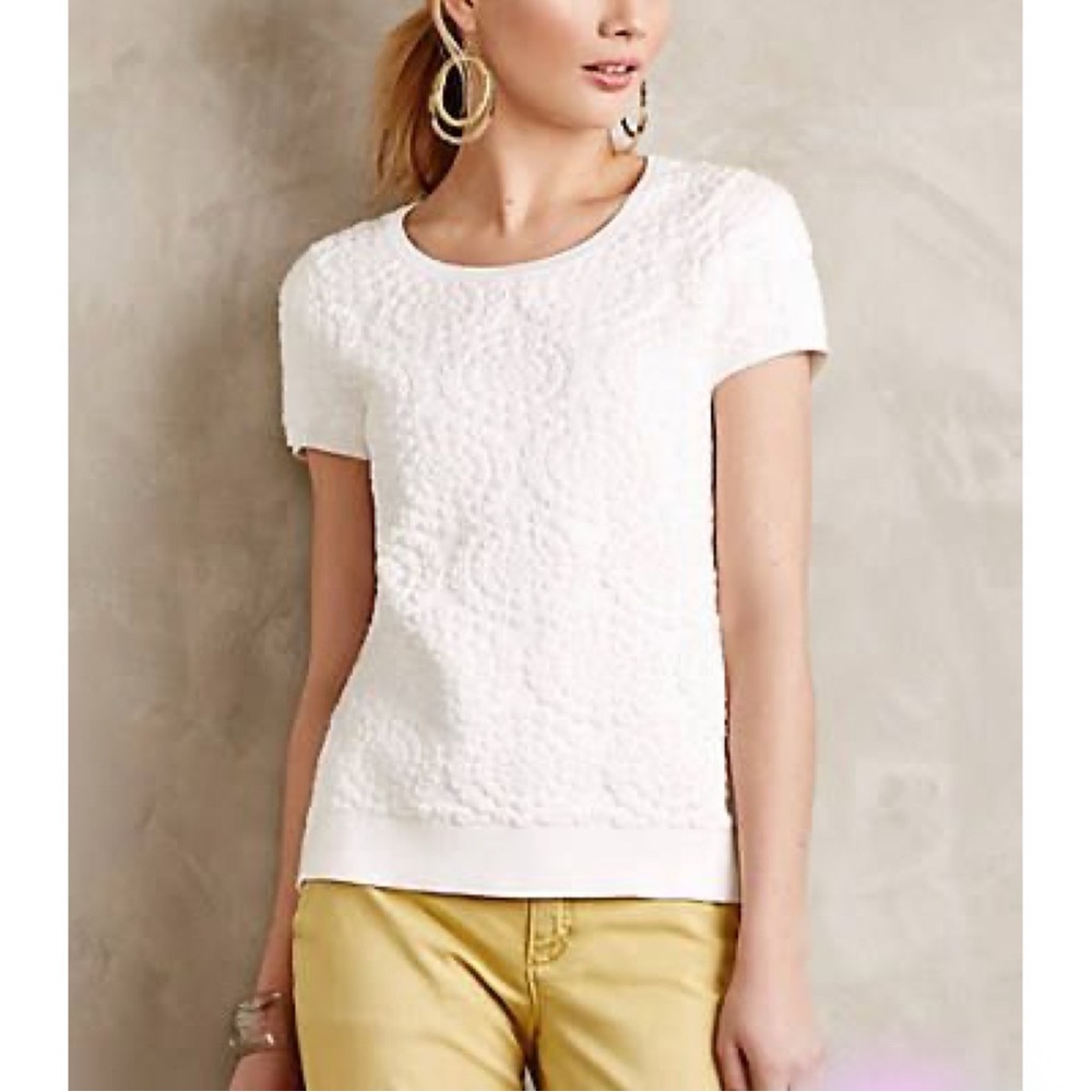 Anthropologie Moth Etage Jacquard White Floral Pullover Sz S